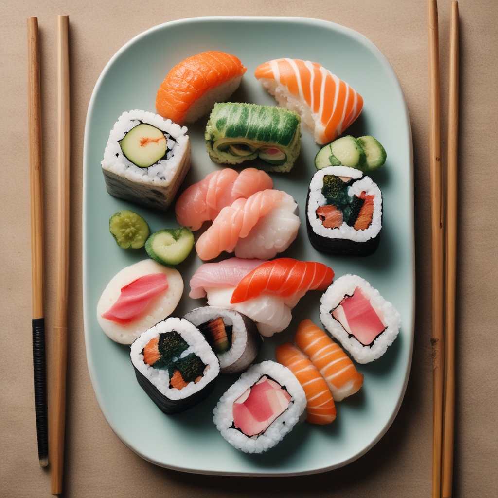 Beautifully arranged sushi on a traditional Japanese plate
